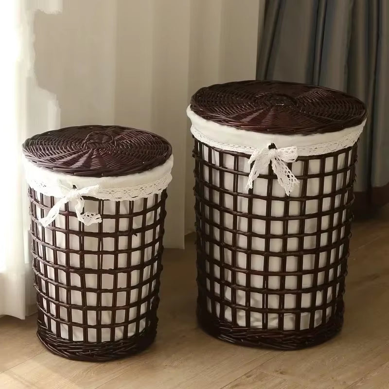 Bamboo Woven Hollow Out Dirty Clothes Basket Rural Wind Clothes Storage Basket Toilet with Cover Organizer Basket