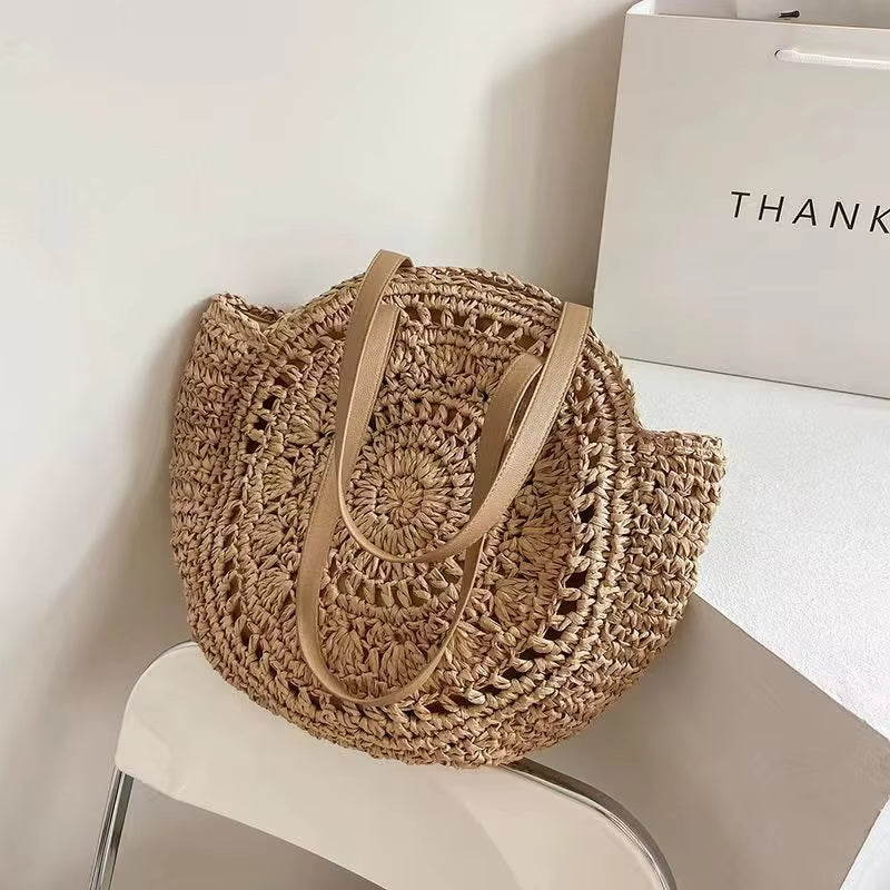 Round Straw Beach Bag Vintage Handmade Woven Shoulder Bag Raffia Circle Rattan Bags Bohemian Summer Vacation Casual Bags