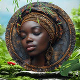 1Pc African Woman 3D Metal Wall Art - Four Seasons Wreath Sign - 8-Inch round Aluminum Decor Panel - Pre-Drilled