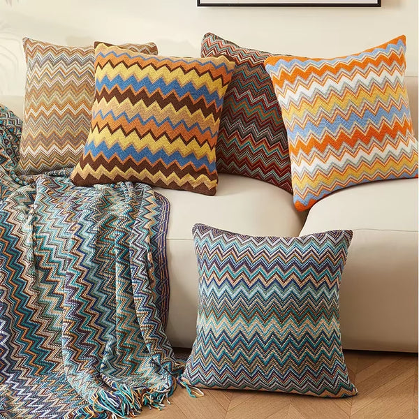 Knitted Cushion Cover Soft Boho Orange Green Flocking Pillow Case 45Cm*45Cm