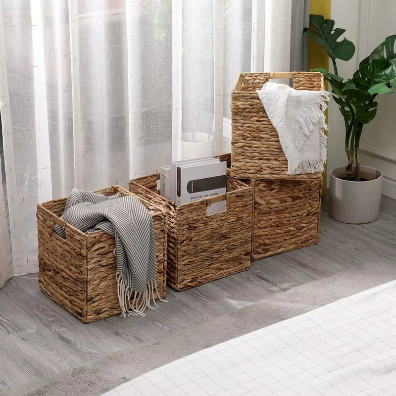 JCLD&YO9 Foldable Handwoven Water Hyacinth Storage Baskets Wicker Cube Baskets Rectangular Laundry Totes,Set 4 Pcs