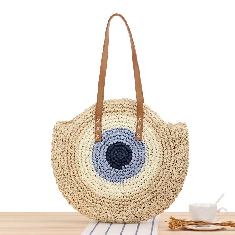 Round Straw Beach Bag Vintage Handmade Woven Shoulder Bag Raffia Circle Rattan Bags Bohemian Summer Vacation Casual Bags