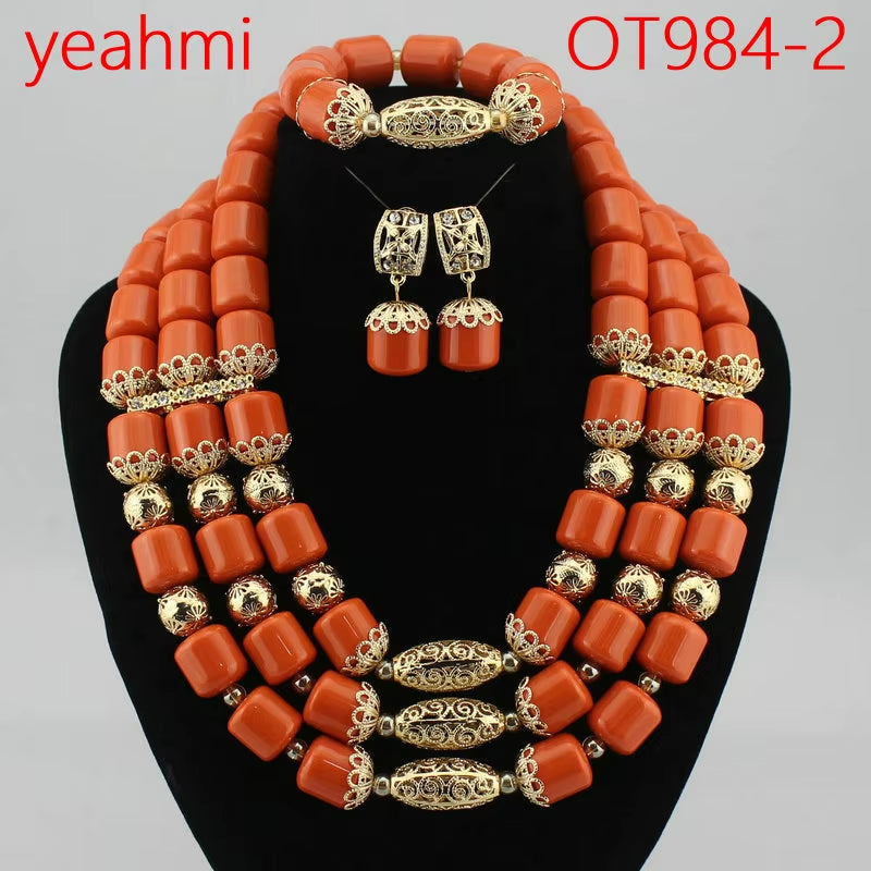 Nigeria Wedding Jewelry Set Imitation Coral Beads Golden Pendant Necklace for Women Resin Material African Bride Accessorise