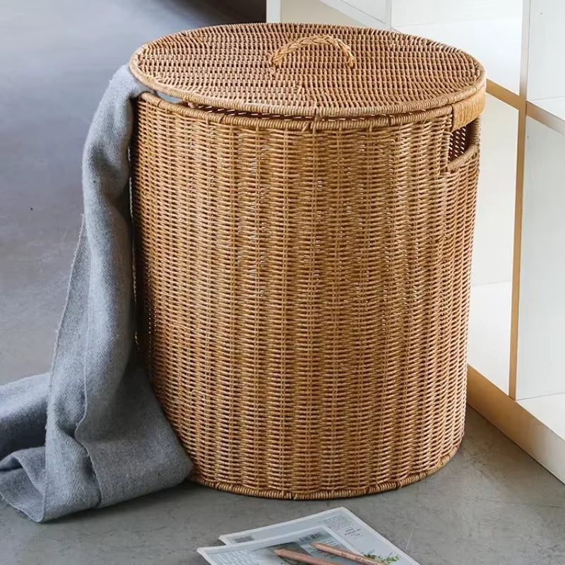 Imitation Rattan Laundry Basket round with Cover Bathroom Organizer Basket Versatile Practical Clothes Baskets Storage Solution