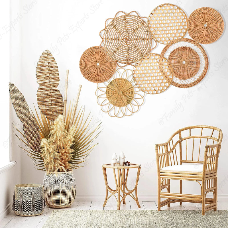 7Pcs Boho Rattan Wall Decor Hanging Woven Baskets Decor Bohemian Home Decor Handmade Wicker Wall Decor for Bedroom Farmhouse