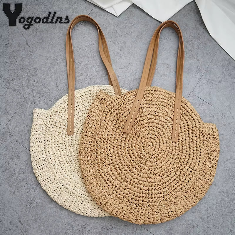 Round Straw Beach Bag Vintage Handmade Woven Shoulder Bag Raffia Circle Rattan Bags Bohemian Summer Vacation Casual Bags