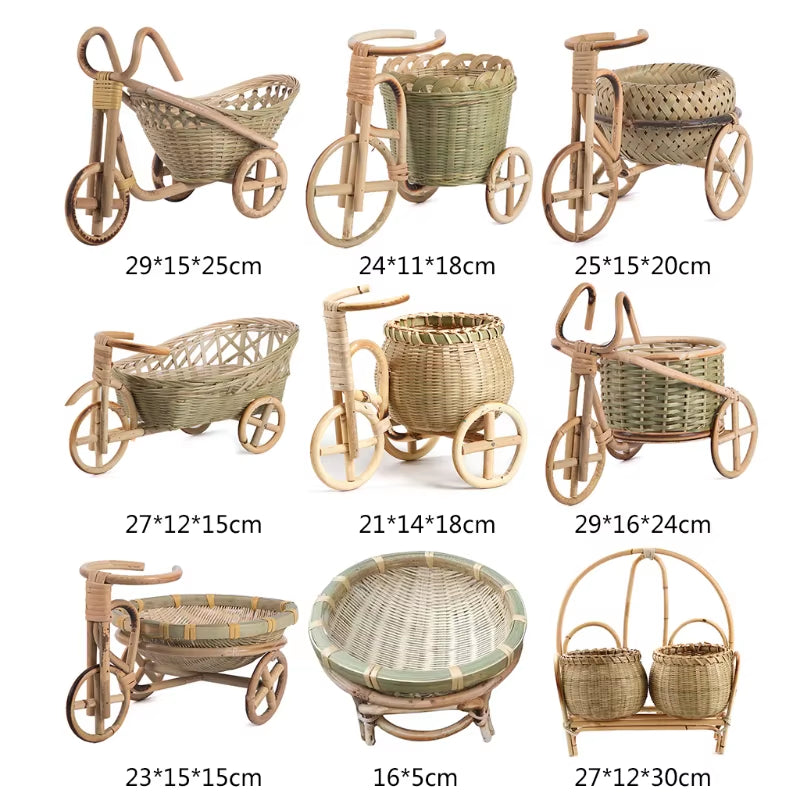 Mini Tricycle Rattan Woven Fruit Basket Bamboo Handmade Wicker Storage Basket