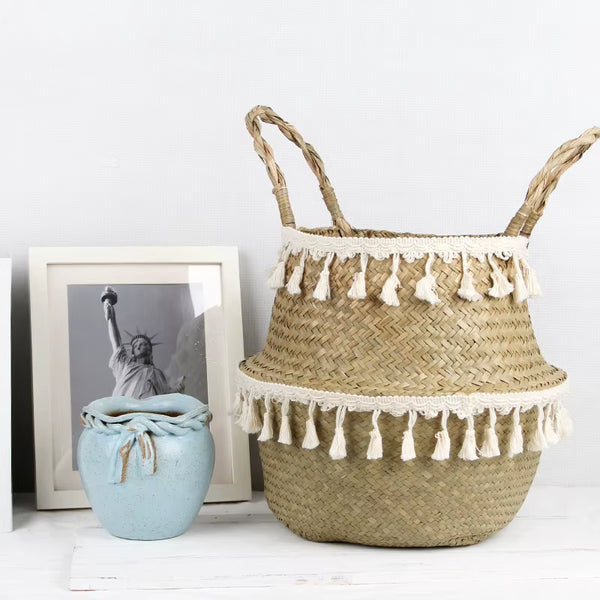 Boho Decor Wicker Baskets Storage Hand Woven Rattan Basket Foldable Pot with Handle Plant Cestos Mimbre Panier Rangement Osier