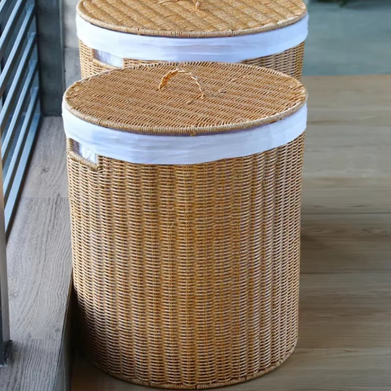 Imitation Rattan Laundry Basket round with Cover Bathroom Organizer Basket Versatile Practical Clothes Baskets Storage Solution