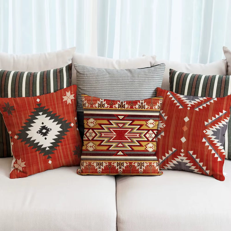 4Pcs Ethnic Bohemia Geometric Pillowcase Aztec Western Abstract Pattern Cushion Cover Red Aztec Style Pillowcase Home Decor