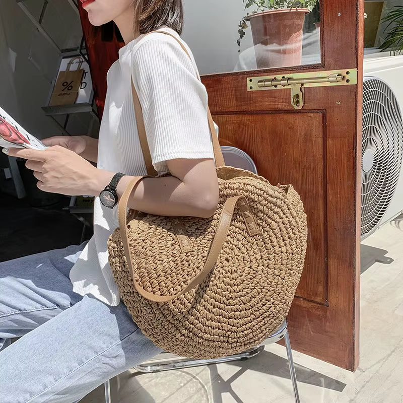 Round Straw Beach Bag Vintage Handmade Woven Shoulder Bag Raffia Circle Rattan Bags Bohemian Summer Vacation Casual Bags