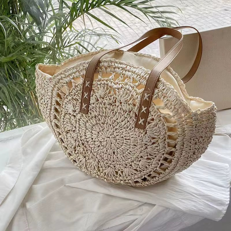 Round Straw Beach Bag Vintage Handmade Woven Shoulder Bag Raffia Circle Rattan Bags Bohemian Summer Vacation Casual Bags