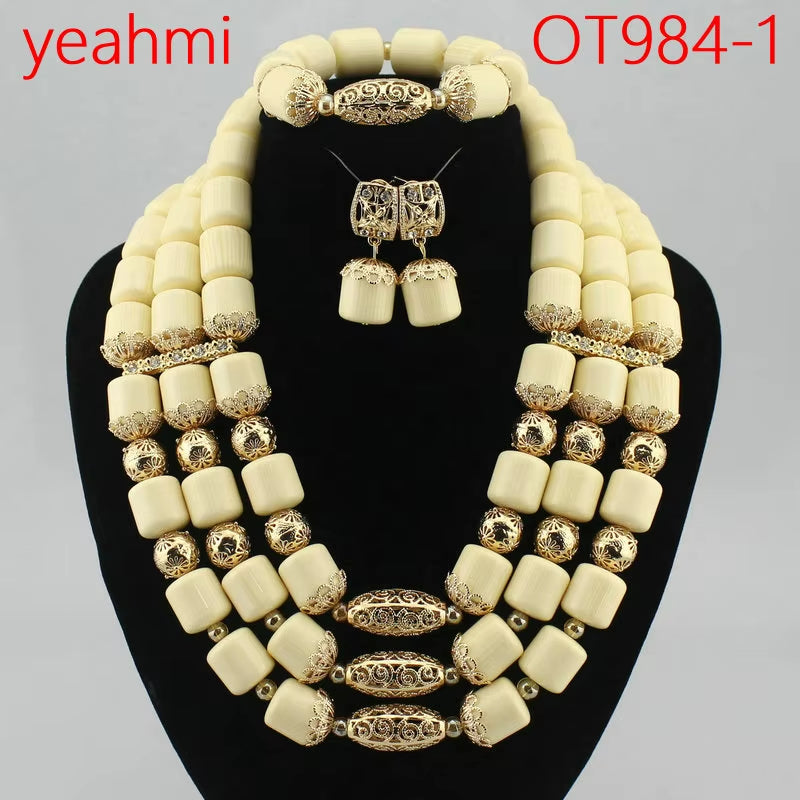 Nigeria Wedding Jewelry Set Imitation Coral Beads Golden Pendant Necklace for Women Resin Material African Bride Accessorise