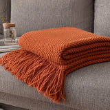 1Pc Morandi Orange Tassel Knitted Blanket, Soft Warm Throw Blanket