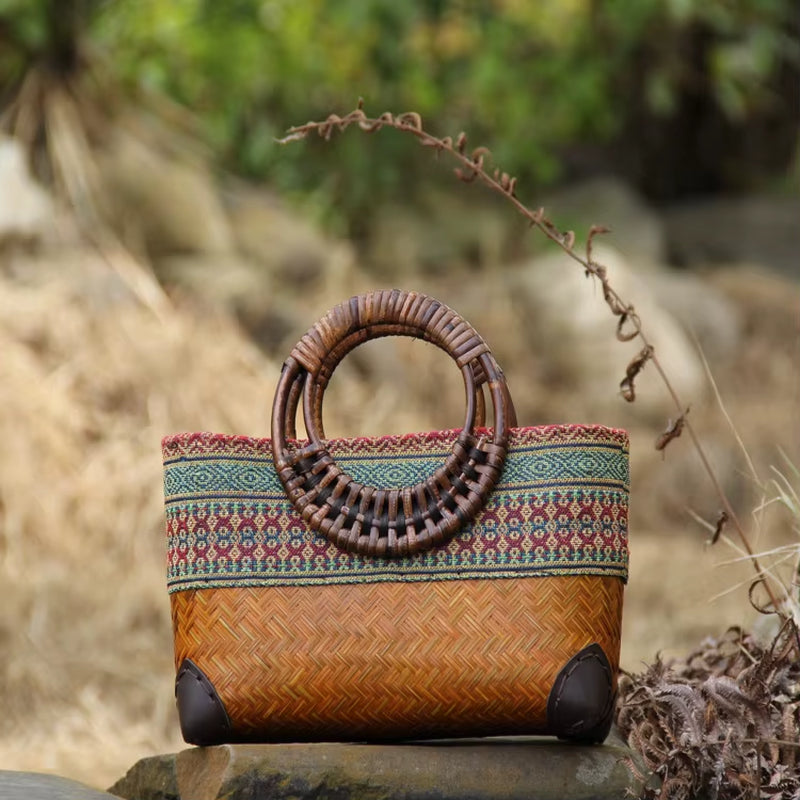 Retro Japanese Handmade Bamboo Woven Bag Mini Woven Female Bag Literary Youth Storage Woven Rattan Handbag