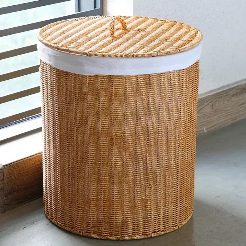 Imitation Rattan Laundry Basket round with Cover Bathroom Organizer Basket Versatile Practical Clothes Baskets Storage Solution