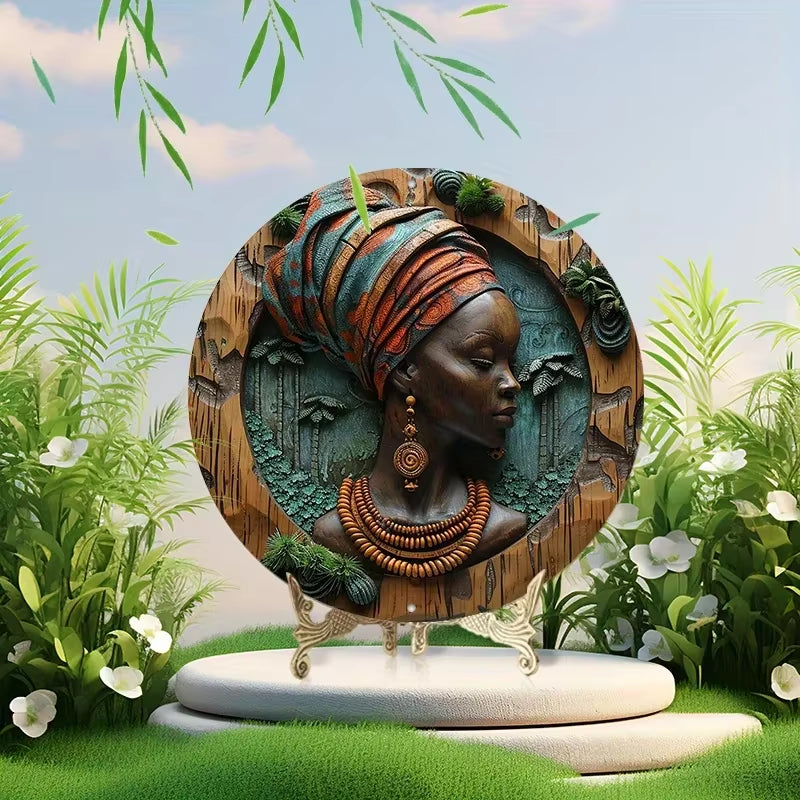 Vintage-Inspired 8X8" Aluminum Wreath Sign with Carved African Woman Design - Weatherproof & Easy to Hang for Home