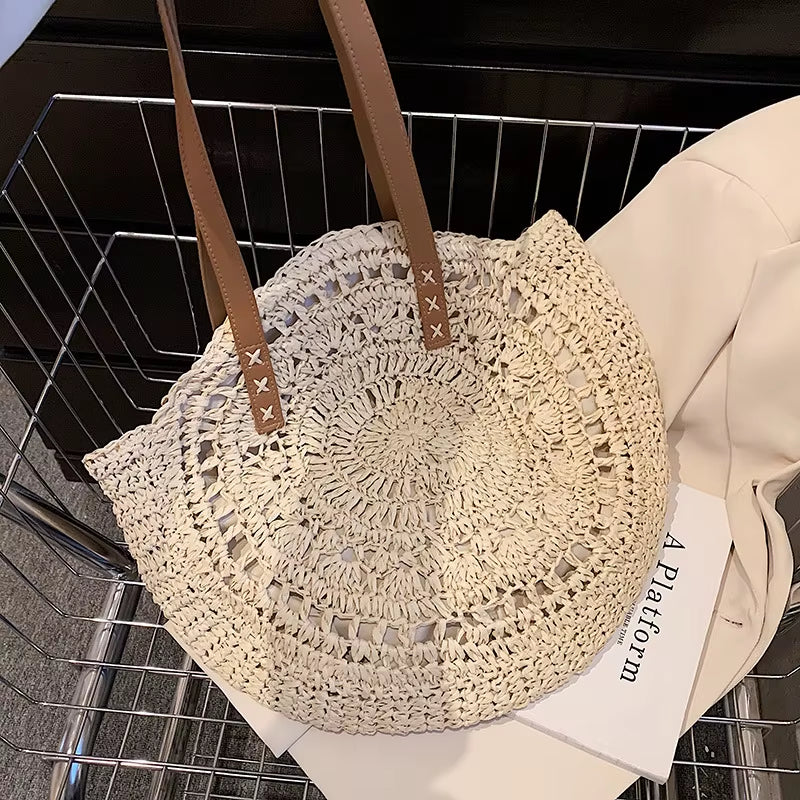 Round Straw Beach Bag Vintage Handmade Woven Shoulder Bag Raffia Circle Rattan Bags Bohemian Summer Vacation Casual Bags