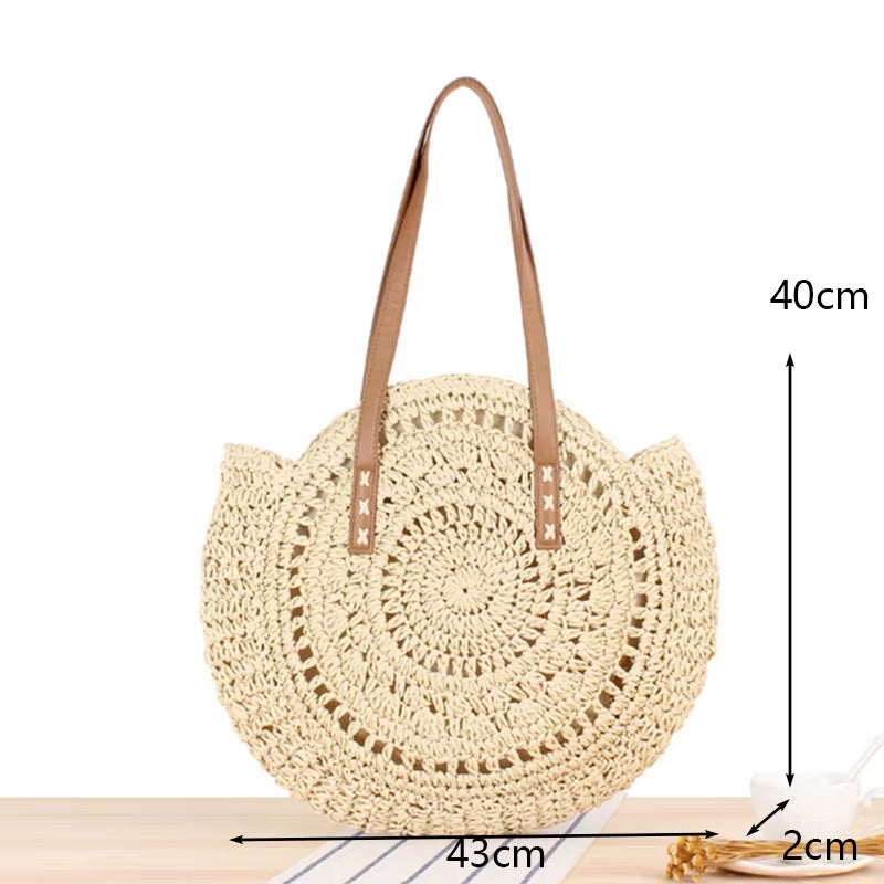 Round Straw Beach Bag Vintage Handmade Woven Shoulder Bag Raffia Circle Rattan Bags Bohemian Summer Vacation Casual Bags