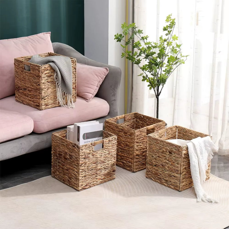 JCLD&YO9 Foldable Handwoven Water Hyacinth Storage Baskets Wicker Cube Baskets Rectangular Laundry Totes,Set 4 Pcs