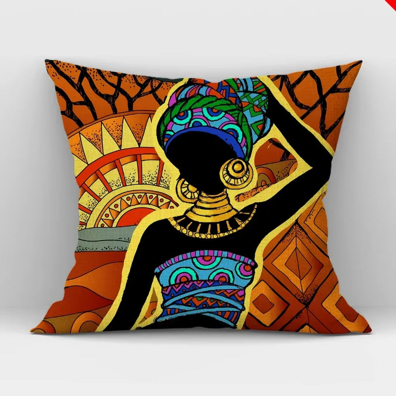 African Women Print Cushion Cover Ethnic Style Decorative Pillowcase, Throw Pillow Cover for Home Sofa Decor