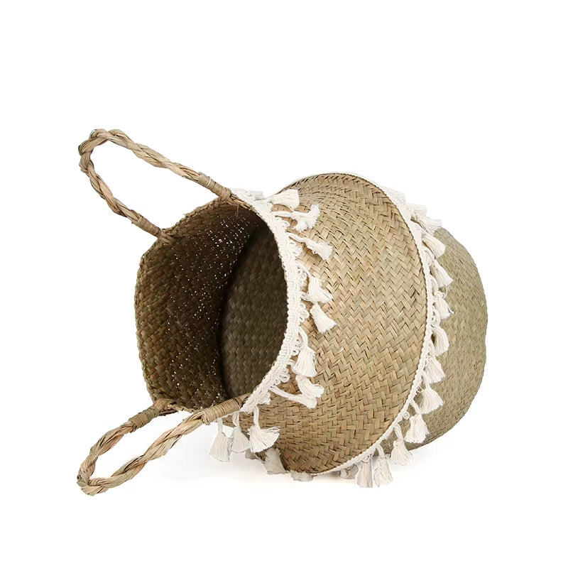 Boho Decor Wicker Baskets Storage Hand Woven Rattan Basket Foldable Pot with Handle Plant Cestos Mimbre Panier Rangement Osier