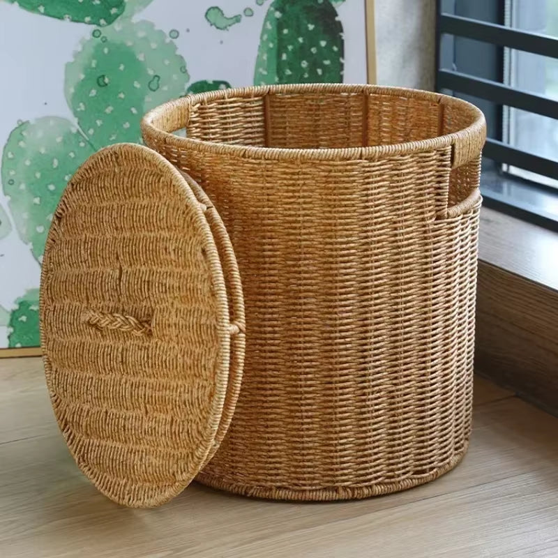 Imitation Rattan Laundry Basket round with Cover Bathroom Organizer Basket Versatile Practical Clothes Baskets Storage Solution