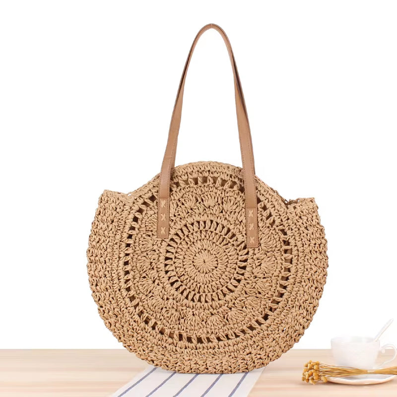 Round Straw Beach Bag Vintage Handmade Woven Shoulder Bag Raffia Circle Rattan Bags Bohemian Summer Vacation Casual Bags