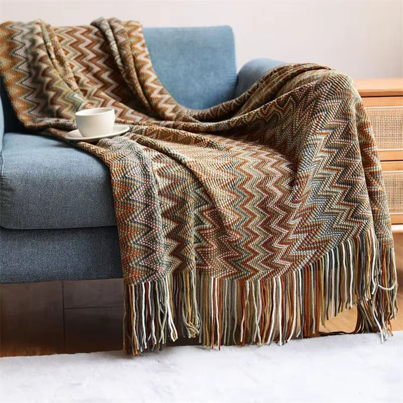 100% Acryl Hand Knitted Blanket with Tassel Summer Blanket Bed Sofa