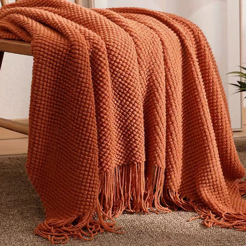 1Pc Morandi Orange Tassel Knitted Blanket, Soft Warm Throw Blanket