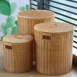 Imitation Rattan Laundry Basket round with Cover Bathroom Organizer Basket Versatile Practical Clothes Baskets Storage Solution