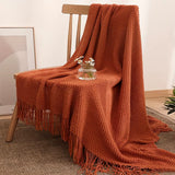 1Pc Morandi Orange Tassel Knitted Blanket, Soft Warm Throw Blanket