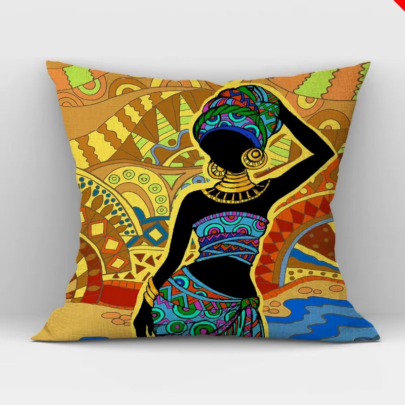 African Women Print Cushion Cover Ethnic Style Decorative Pillowcase, Throw Pillow Cover for Home Sofa Decor