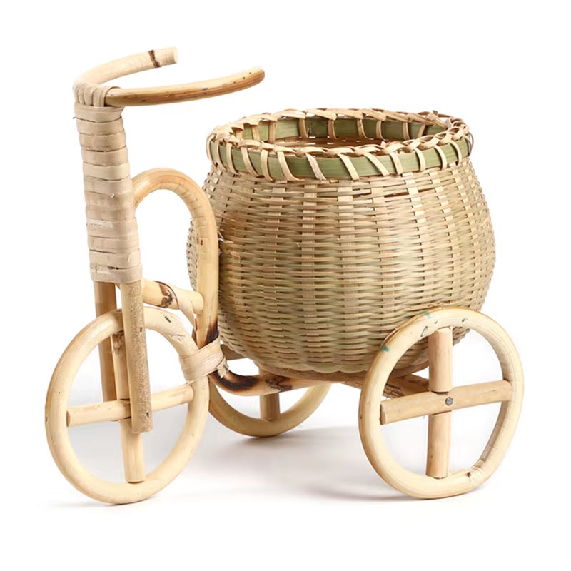 Mini Tricycle Rattan Woven Fruit Basket Bamboo Handmade Wicker Storage Basket