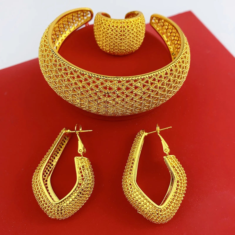 Luxury Dubai Gold Plated Bracelet Ring Earrings 3pcs Jewelry Sets