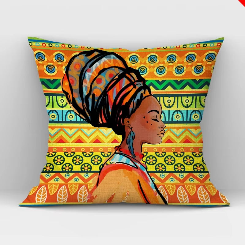 African Women Print Cushion Cover Ethnic Style Decorative Pillowcase, Throw Pillow Cover for Home Sofa Decor