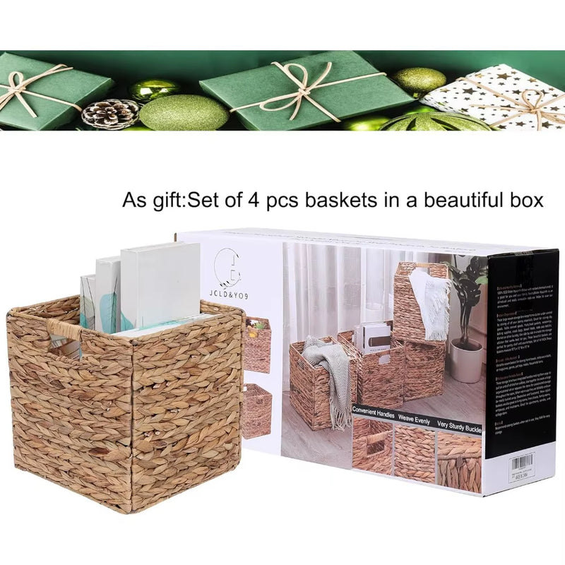 JCLD&YO9 Foldable Handwoven Water Hyacinth Storage Baskets Wicker Cube Baskets Rectangular Laundry Totes,Set 4 Pcs