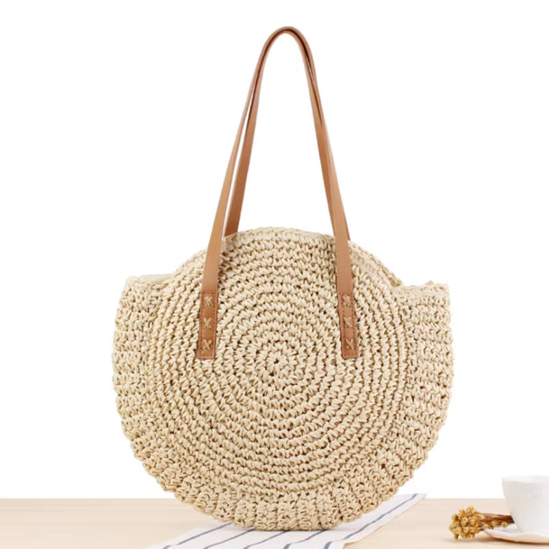 Round Straw Beach Bag Vintage Handmade Woven Shoulder Bag Raffia Circle Rattan Bags Bohemian Summer Vacation Casual Bags