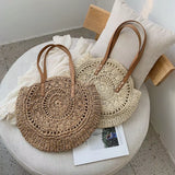 Round Straw Beach Bag Vintage Handmade Woven Shoulder Bag Raffia Circle Rattan Bags Bohemian Summer Vacation Casual Bags