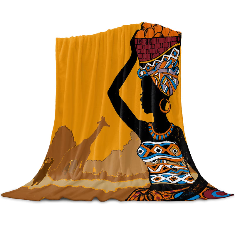 African Black Woman Giraffe Printed Throw Blanket Flannel Fleece Blankets Warm Soft Throws for Sofa Couch Bed Bedroom Bedspread