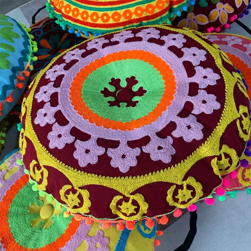 Bohemian Moroccan Ethnic Embroidery Thicken Cushion Floor Mat Bay Window Mat with Core Sofa Pillow Seat Cushion Pouf Yoga Futon