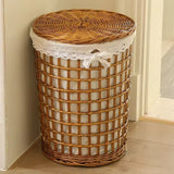 Bamboo Woven Hollow Out Dirty Clothes Basket Rural Wind Clothes Storage Basket Toilet with Cover Organizer Basket