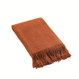 1Pc Morandi Orange Tassel Knitted Blanket, Soft Warm Throw Blanket