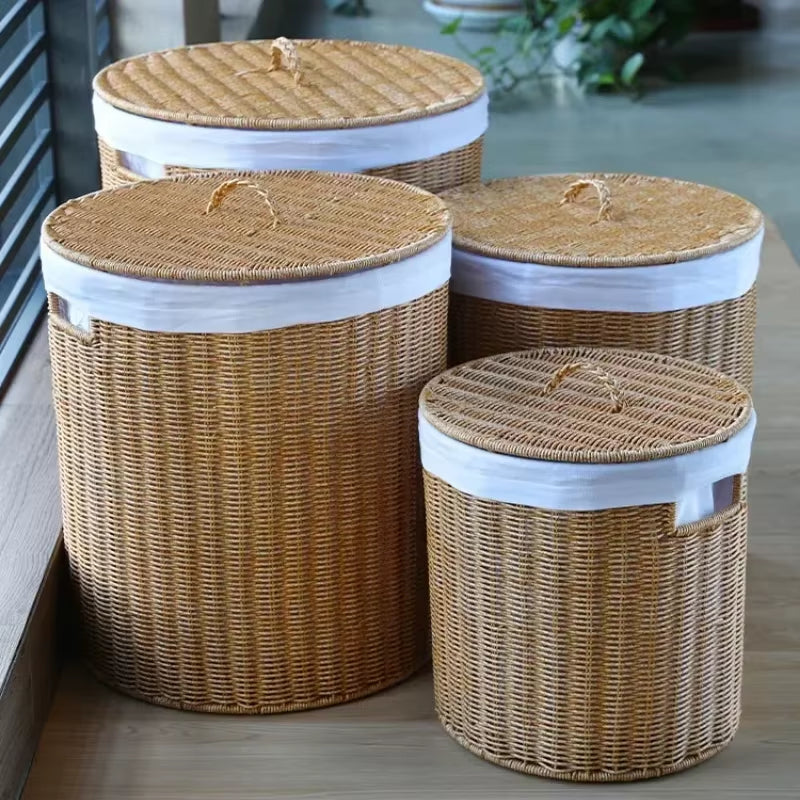 Imitation Rattan Laundry Basket round with Cover Bathroom Organizer Basket Versatile Practical Clothes Baskets Storage Solution