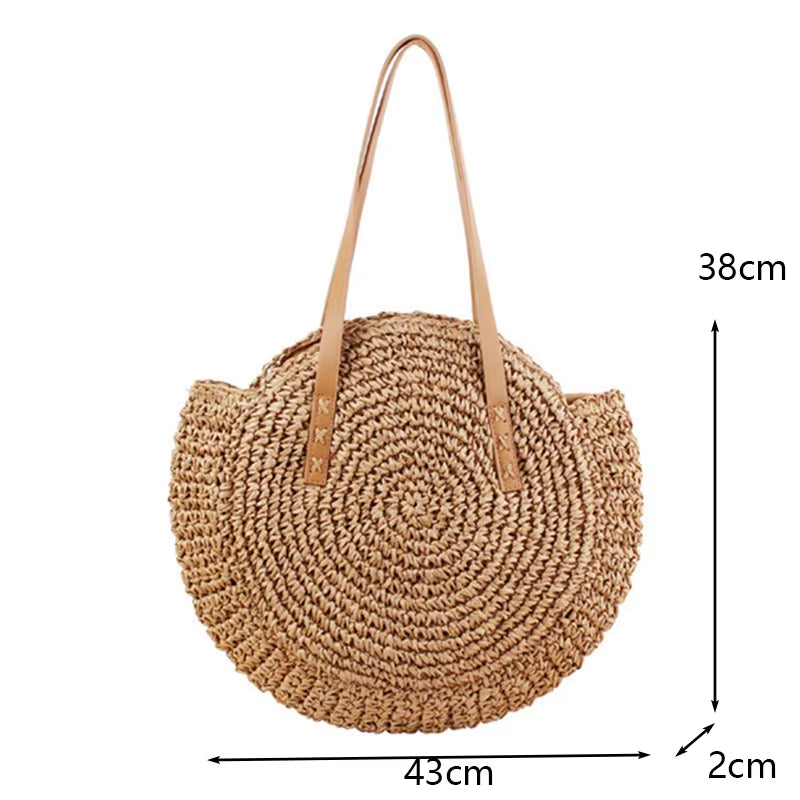 Round Straw Beach Bag Vintage Handmade Woven Shoulder Bag Raffia Circle Rattan Bags Bohemian Summer Vacation Casual Bags