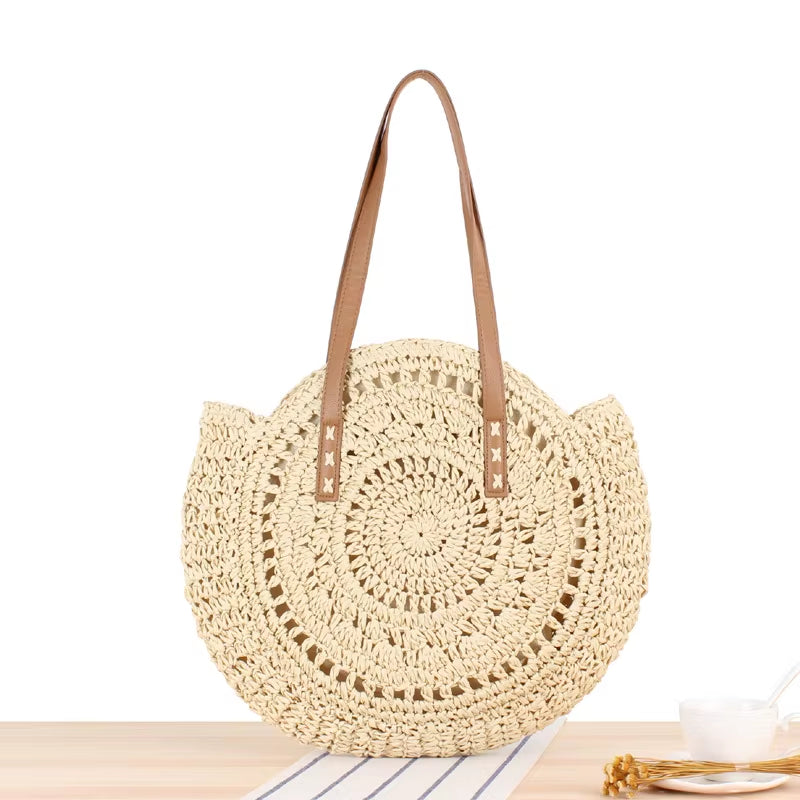 Round Straw Beach Bag Vintage Handmade Woven Shoulder Bag Raffia Circle Rattan Bags Bohemian Summer Vacation Casual Bags