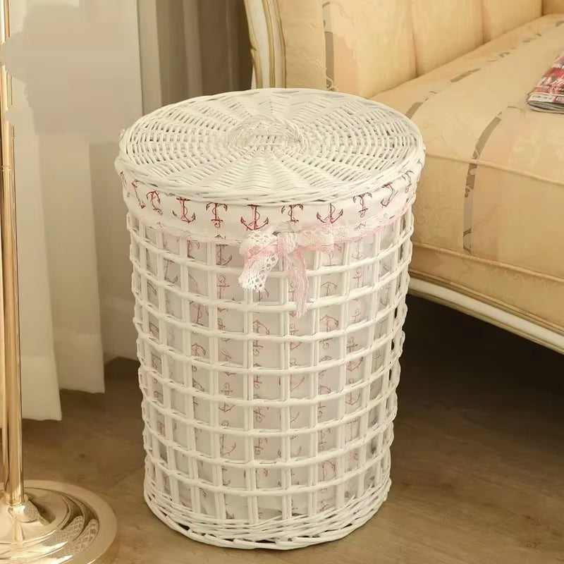 Bamboo Woven Hollow Out Dirty Clothes Basket Rural Wind Clothes Storage Basket Toilet with Cover Organizer Basket