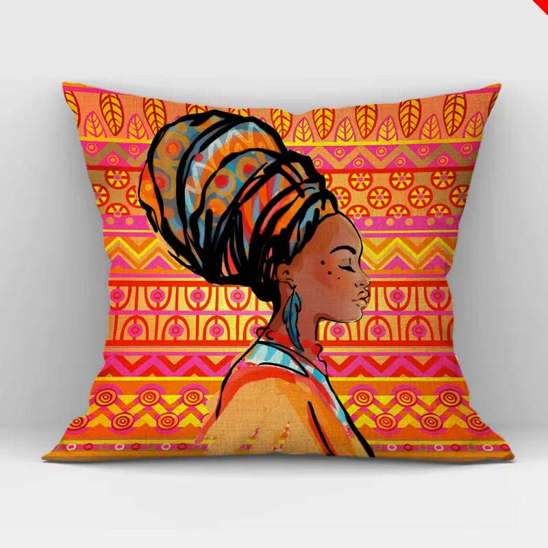 African Women Print Cushion Cover Ethnic Style Decorative Pillowcase, Throw Pillow Cover for Home Sofa Decor