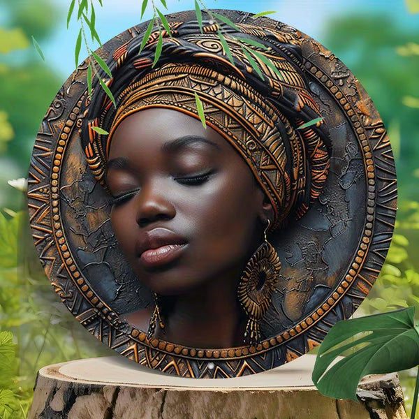 1Pc African Woman 3D Metal Wall Art - Four Seasons Wreath Sign - 8-Inch round Aluminum Decor Panel - Pre-Drilled