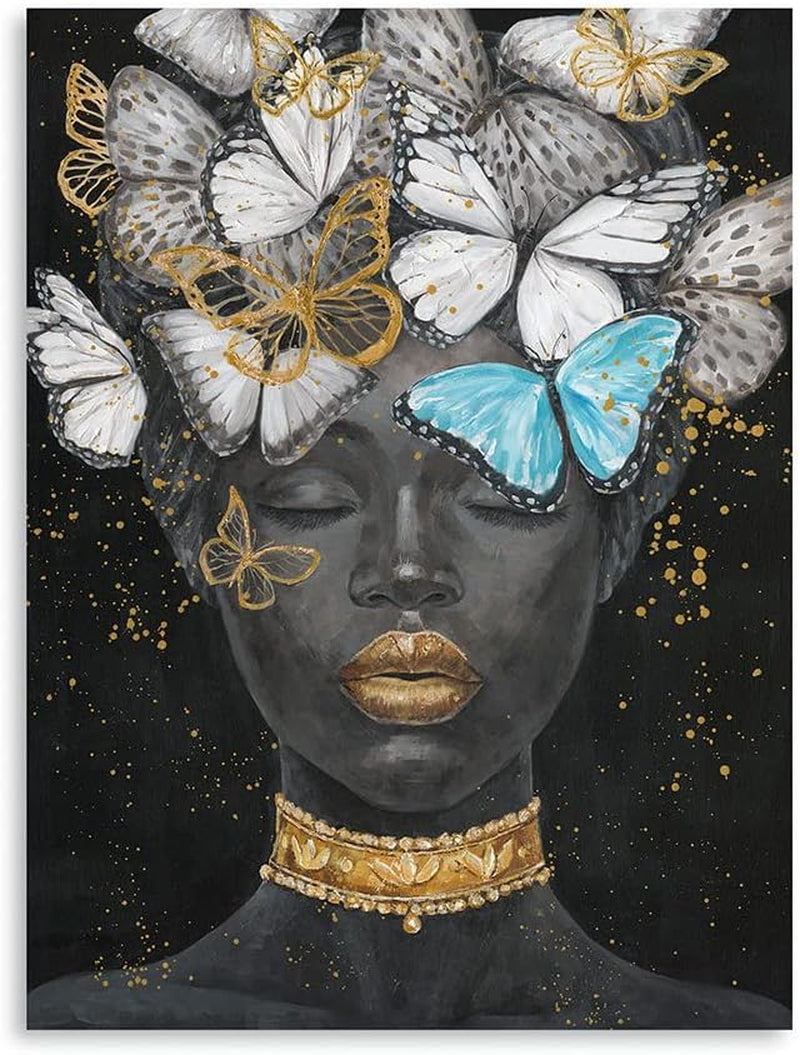 African American Woman Butterfly Picture: Black Woman Butterflies Wall Decor Canvas Painting for Living Room Bathroom Office Lady Home Decorations Framed Ready to Hang 12"X16"